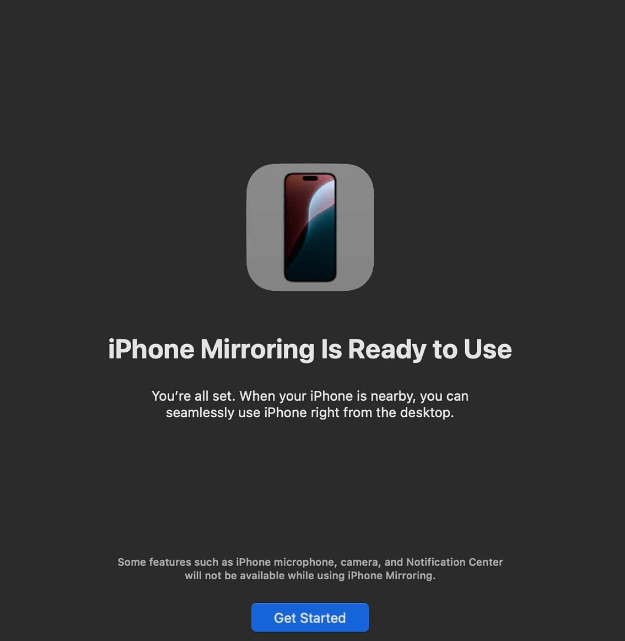 Choose Get Started Option on iPhone Mirroring