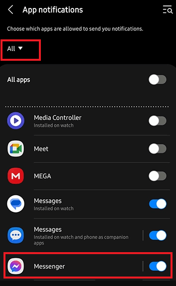 Facebook Messenger on Galaxy Watch - Enable the toggle