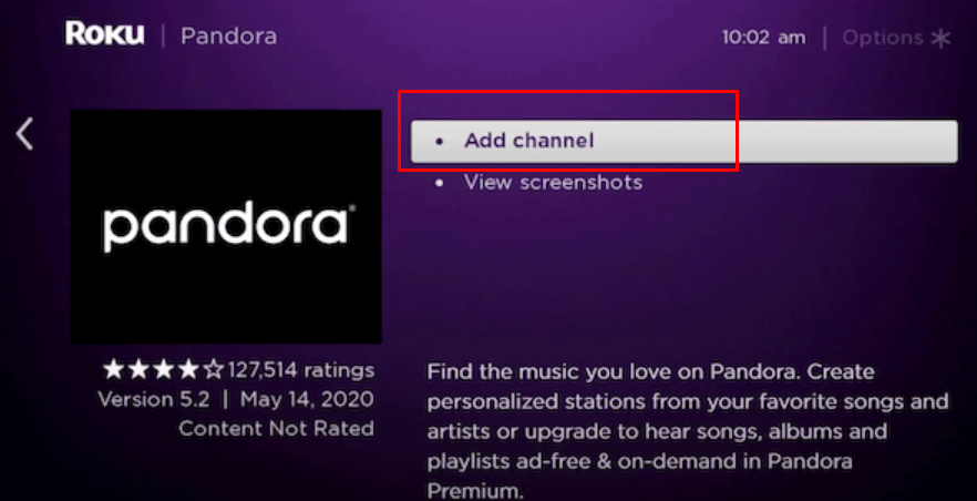 Pandora on Roku - Select Add Channel