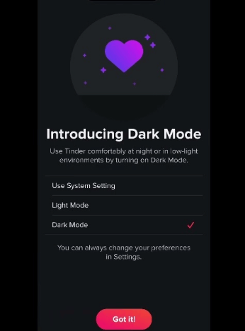 Select Dark Mode on Tinder app