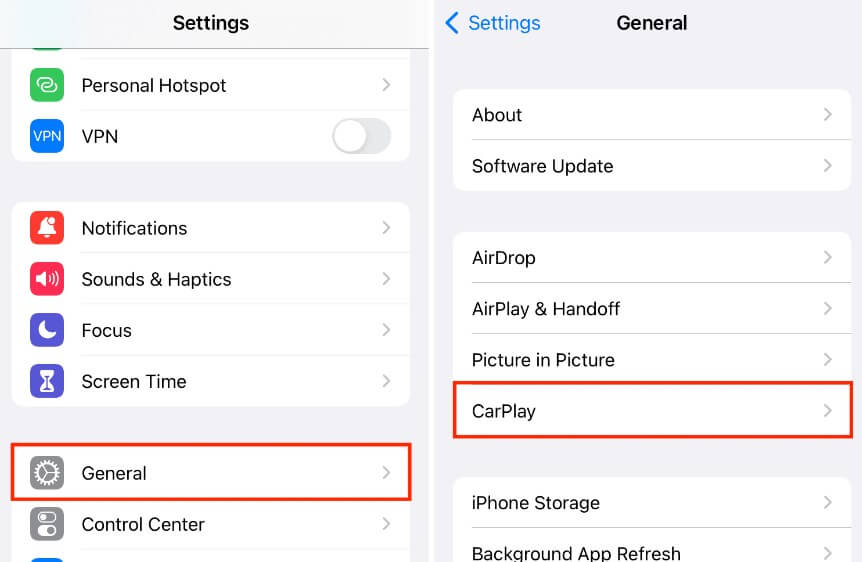 Select Settings and CarPlay in iPhone