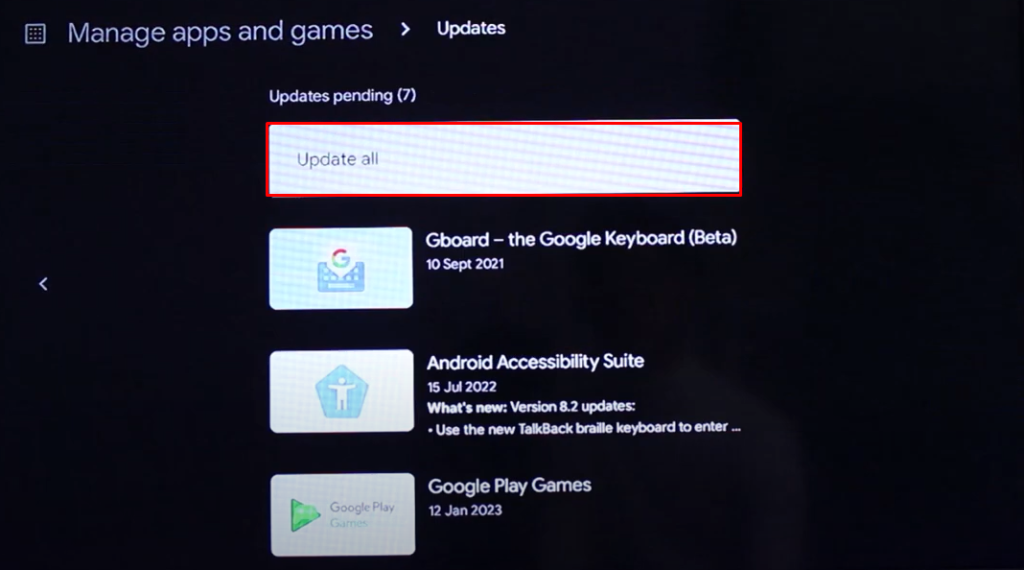 Click Update All Apps on Google TV