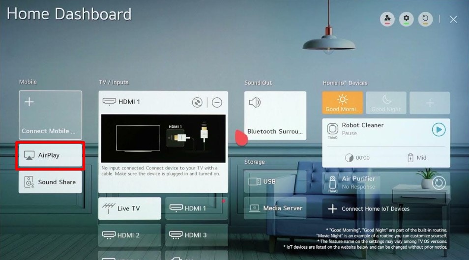 Click AirPlay on the Home Dashboard on your LG TV