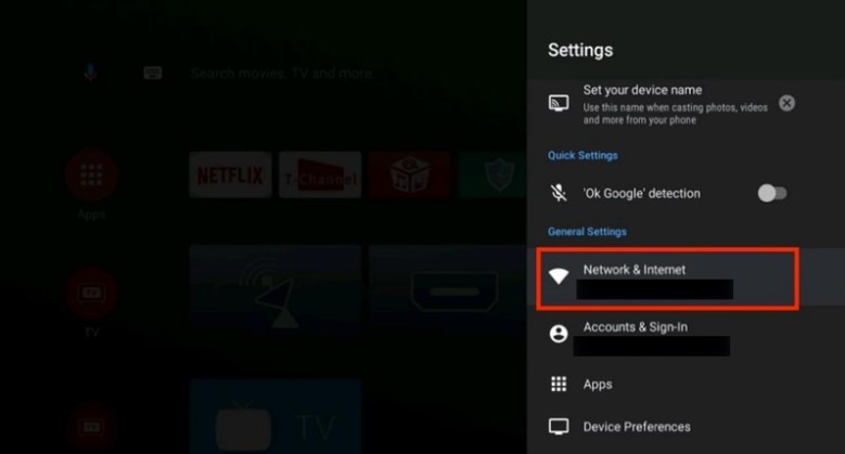 Click Network & Internet on Toshiba Android TV