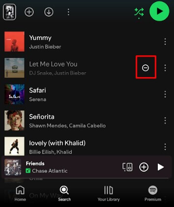 Tap the Minus icon to hide songs on Spotify