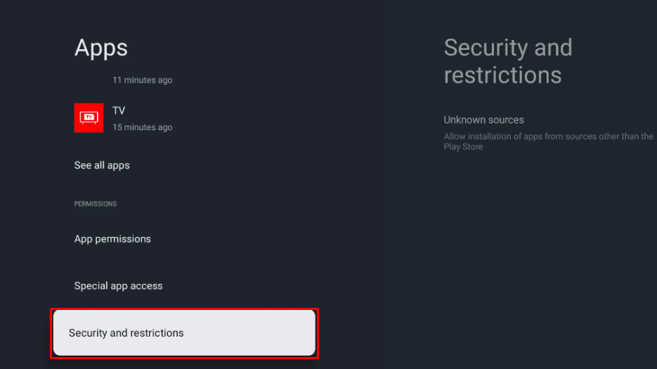 How to Sideload Apps on Google TV - Go to Security and Restrctions